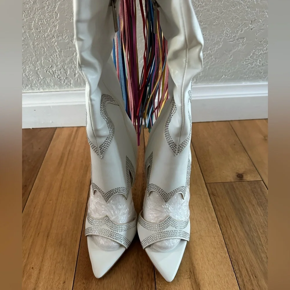 CAPE ROBBIN LISE WESTERN RHINESTONE FRINGED CARGO POCKET BOOTS NIB